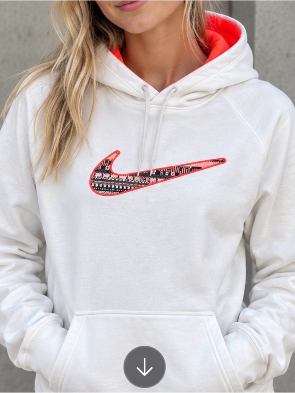 Nike White Sweatshirt with Neon Coral-Outlined Patterned Swoosh